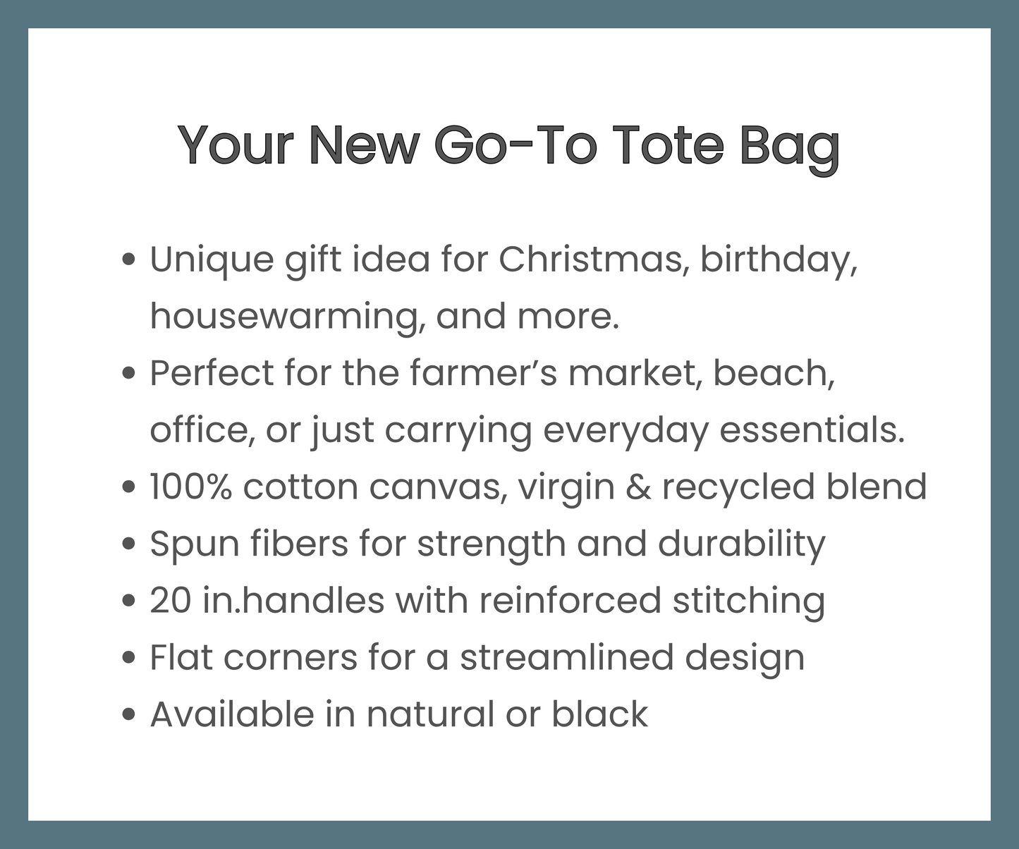 Product description of a tote bag with text on a white background