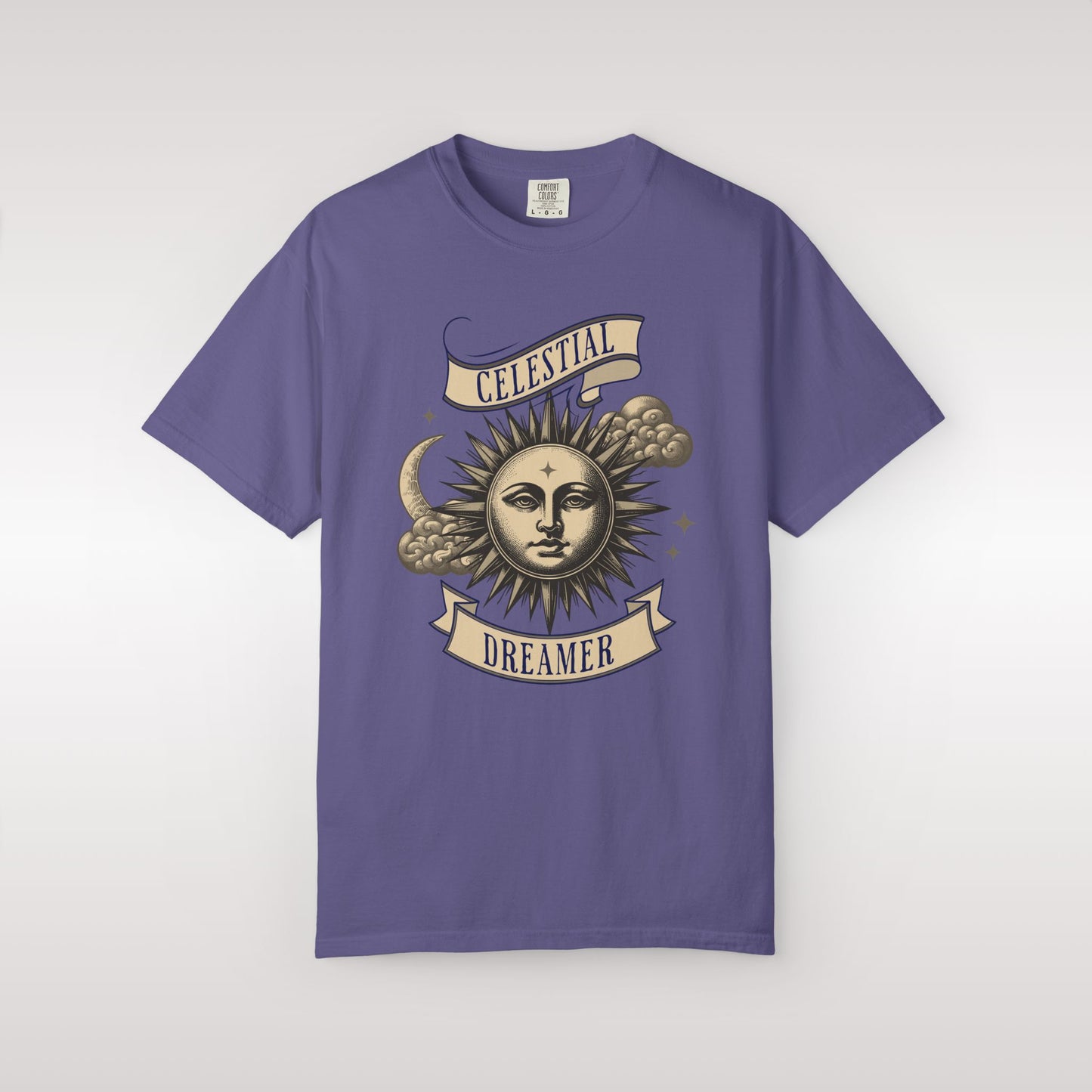 Purple t-shirt with celestial design on a white background