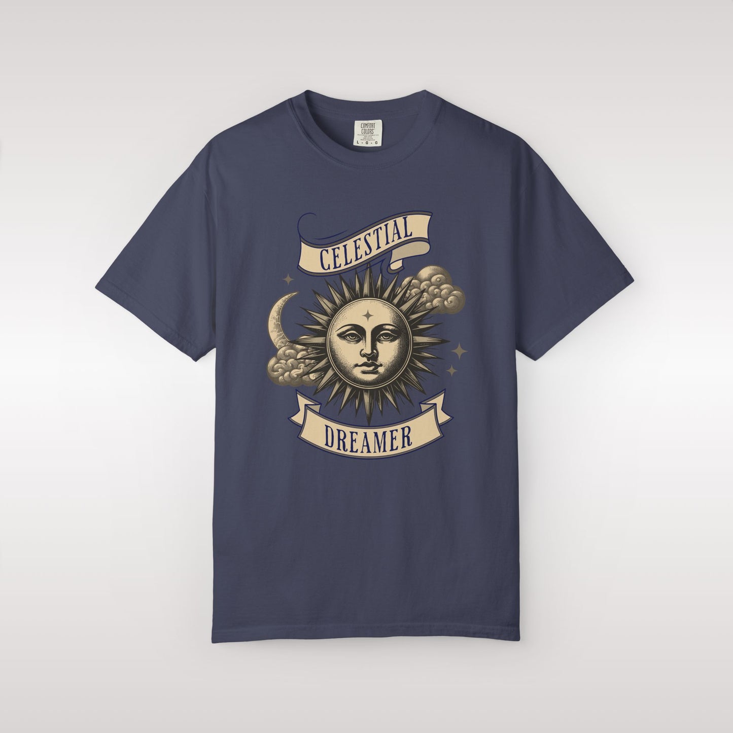 Navy blue t-shirt with celestial design and 'Celestial Dreamer' text on a white background