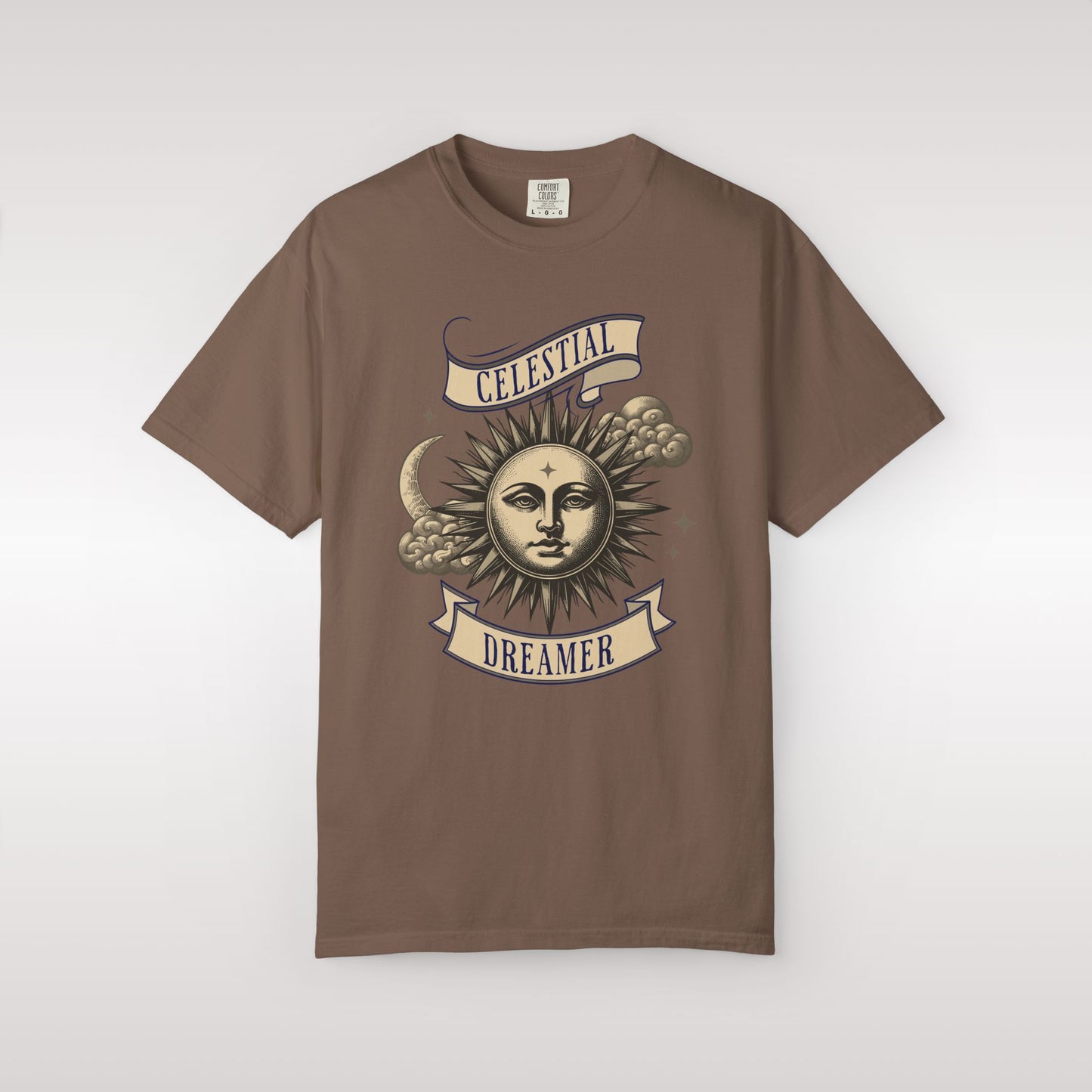 Chocolate Brown t-shirt with celestial design and text on a white background