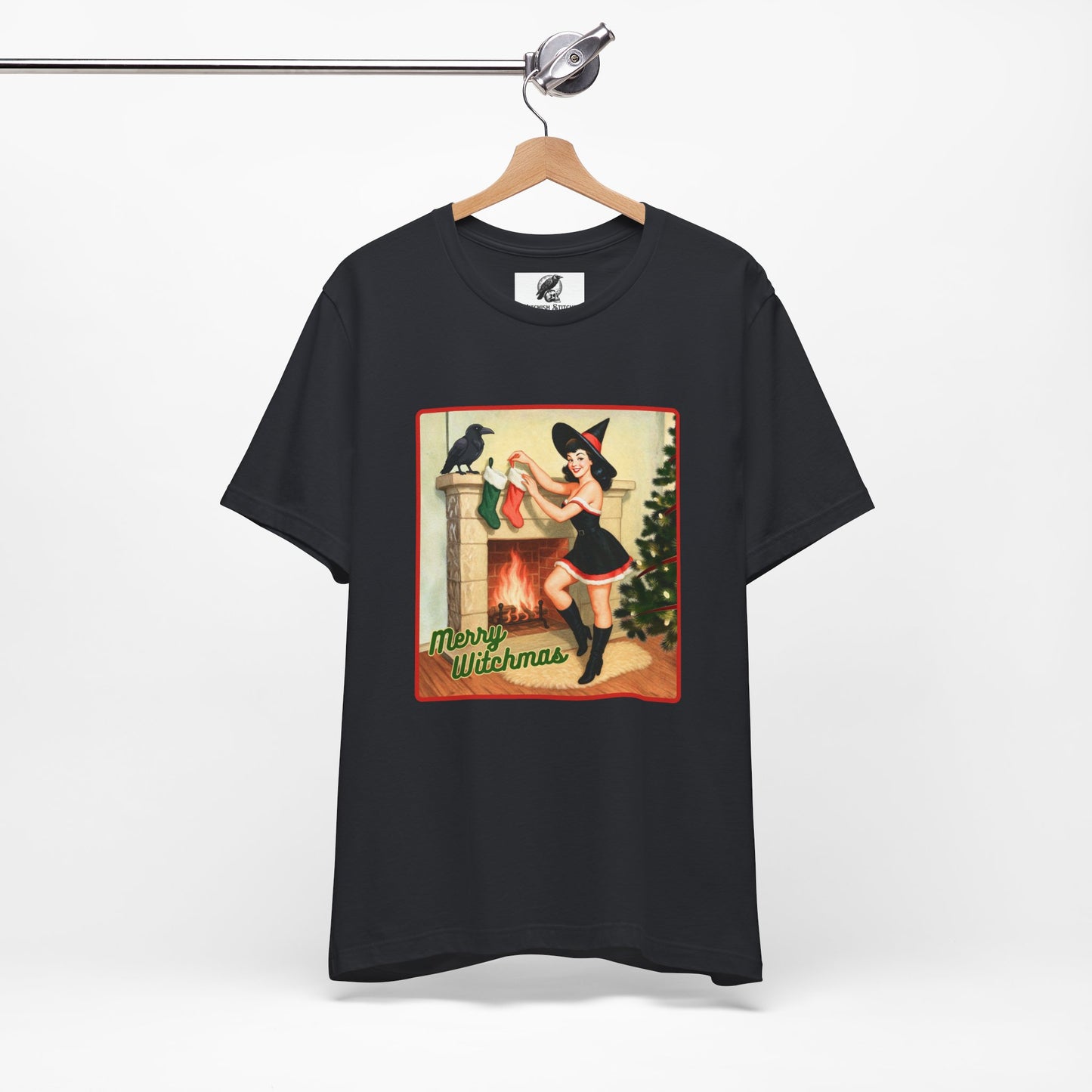 Merry Witchmas Graphic Tee, Vintage Pinup Witch Christmas Unisex Shirt