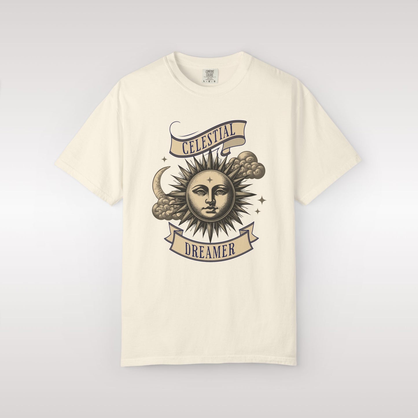 Ivory t-shirt with celestial design and text on a light gray background