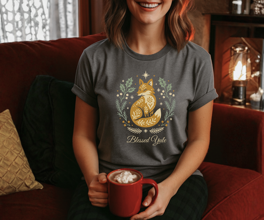 Folk Art Fox Yule Graphic Tee, Blessed Yule Unisex Shirt