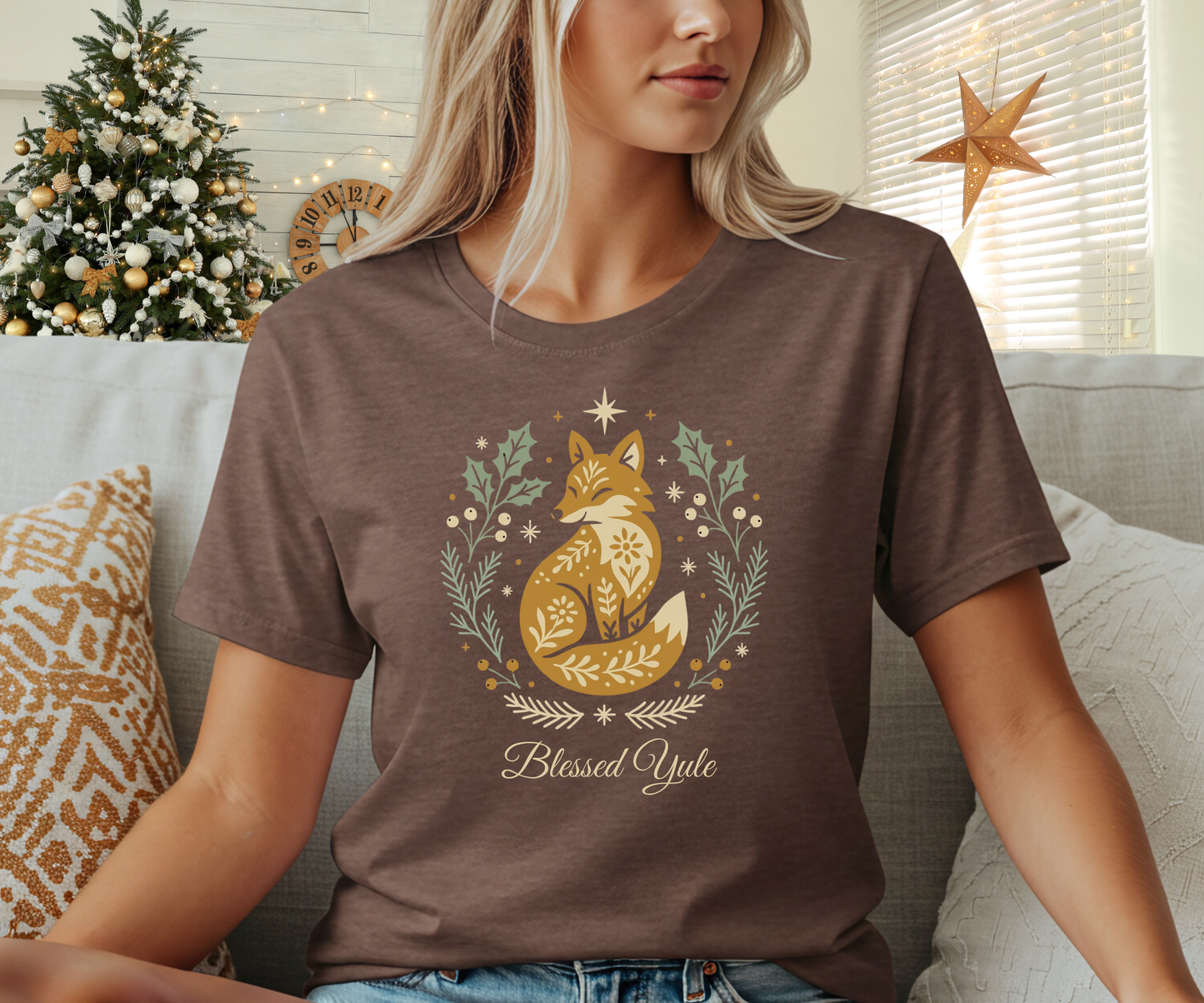 Folk Art Fox Yule Graphic Tee, Blessed Yule Unisex Shirt