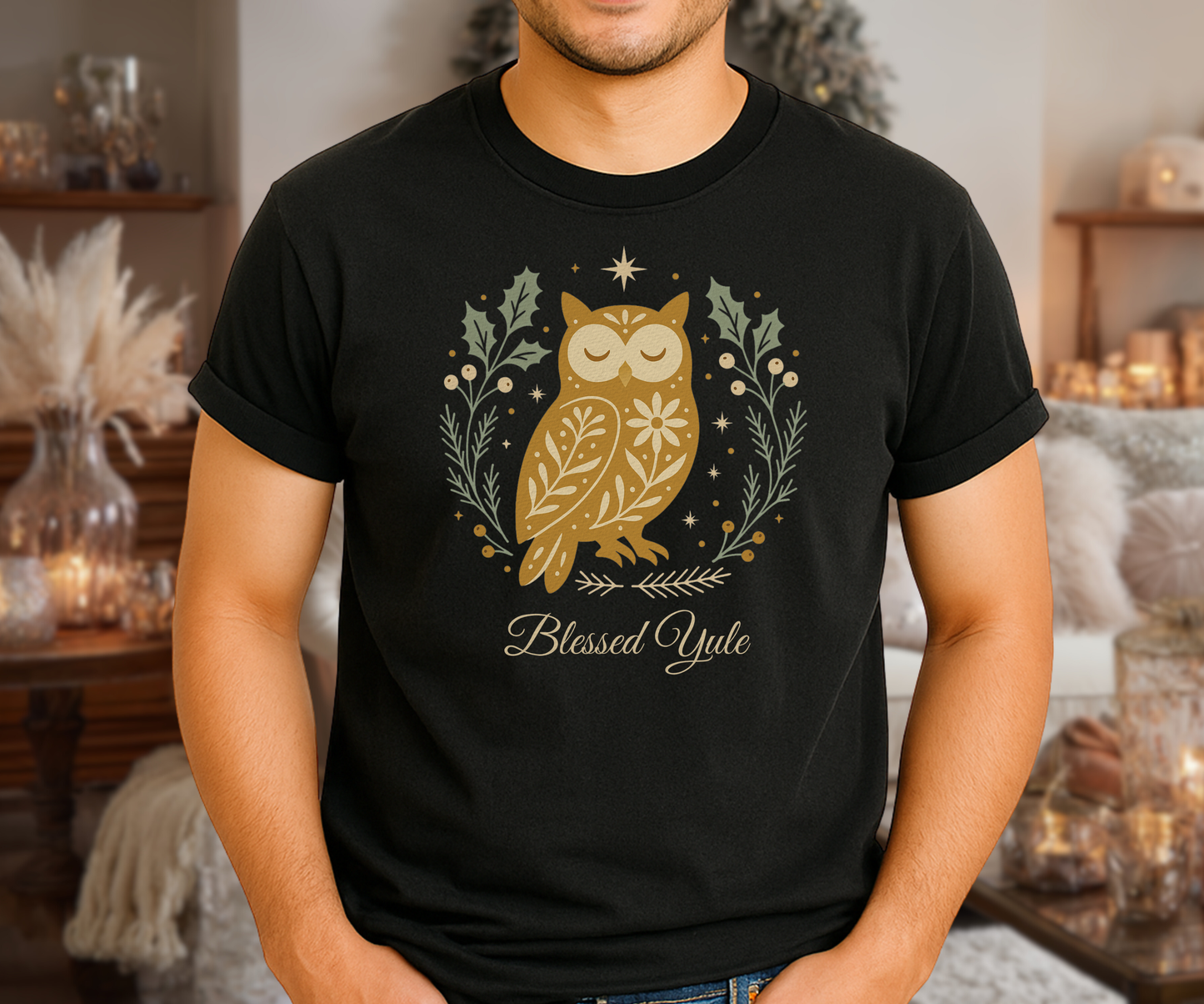 Folk Art Owl Yule Graphic Tee, Blessed Yule Unisex Shirt