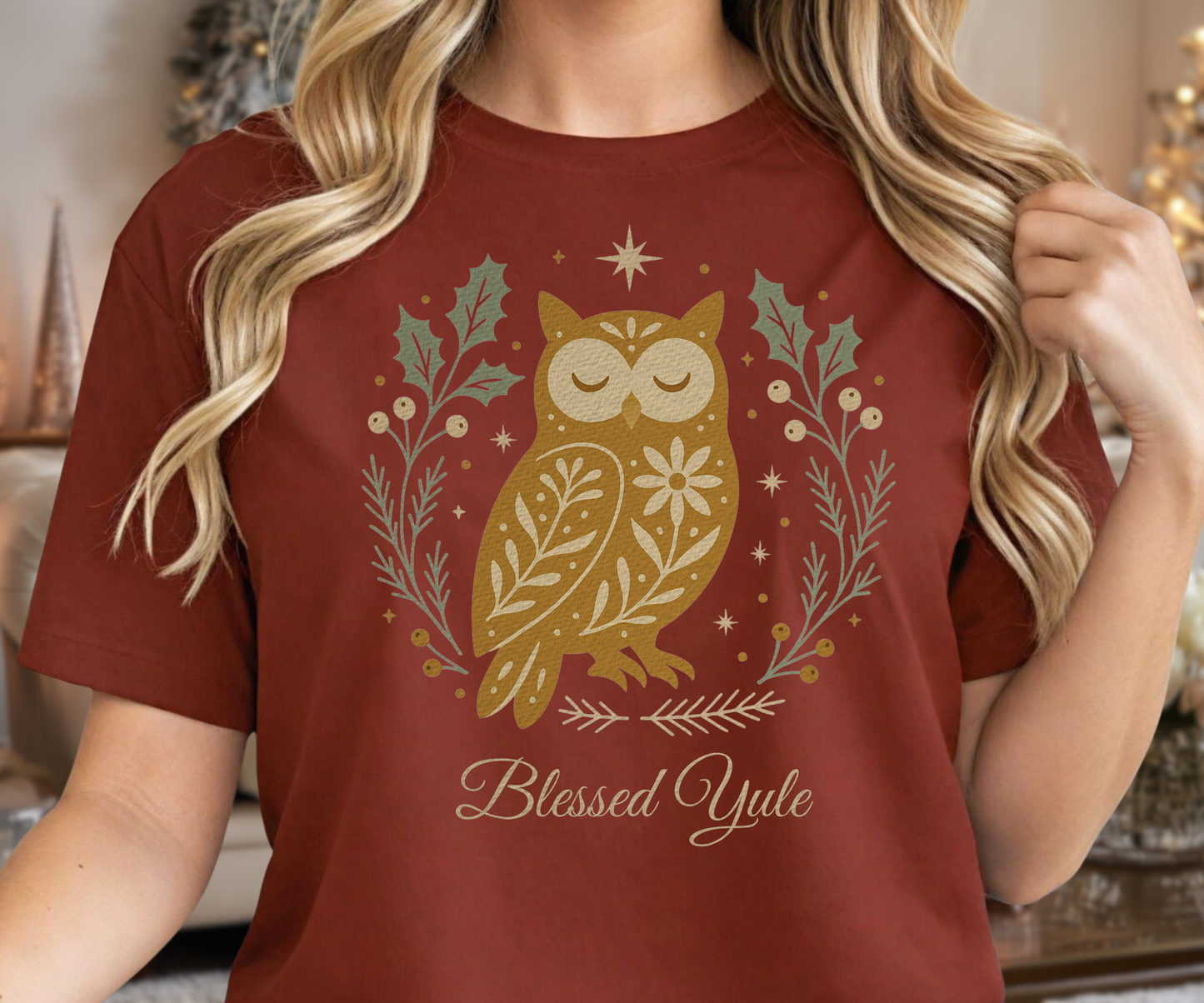 Folk Art Owl Yule Graphic Tee, Blessed Yule Unisex Shirt