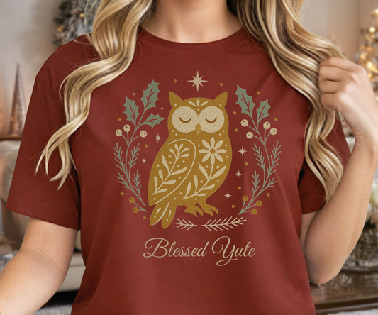 Folk Art Owl Yule Graphic Tee, Blessed Yule Unisex Shirt