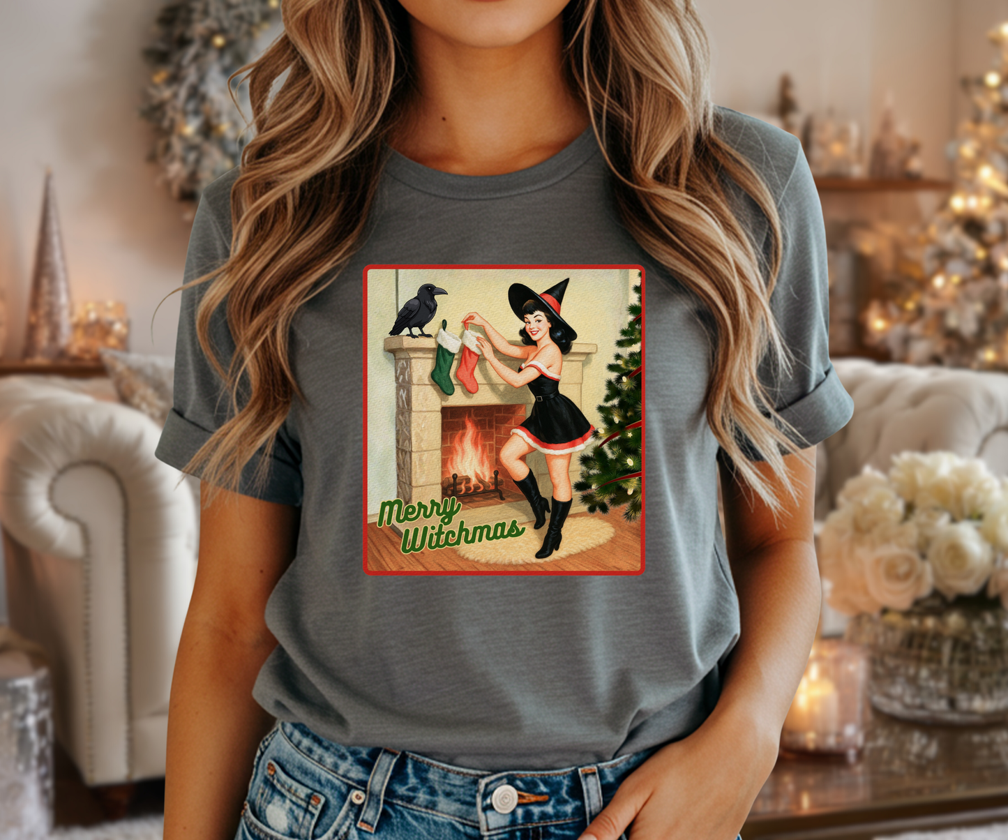 Merry Witchmas Graphic Tee, Vintage Pinup Witch Christmas Unisex Shirt