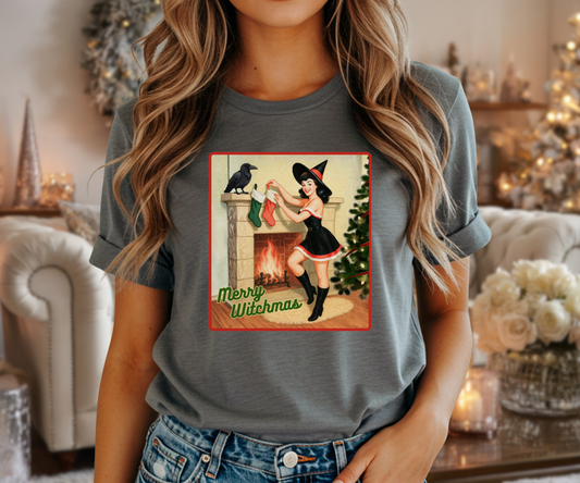 Merry Witchmas Graphic Tee, Vintage Pinup Witch Christmas Unisex Shirt