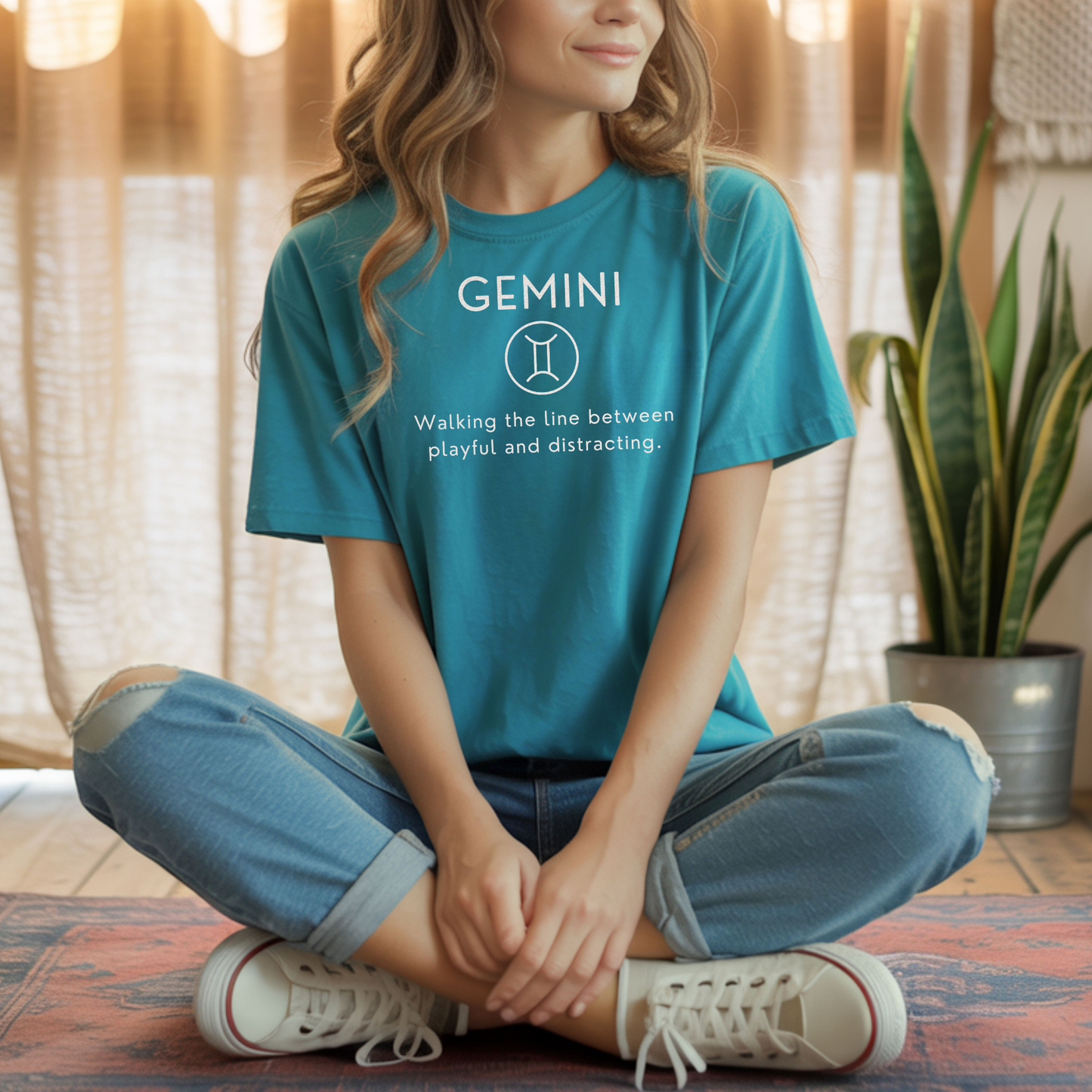 Gemini Zodiac Sign Motto Tee: Walking the line between playful and distracting