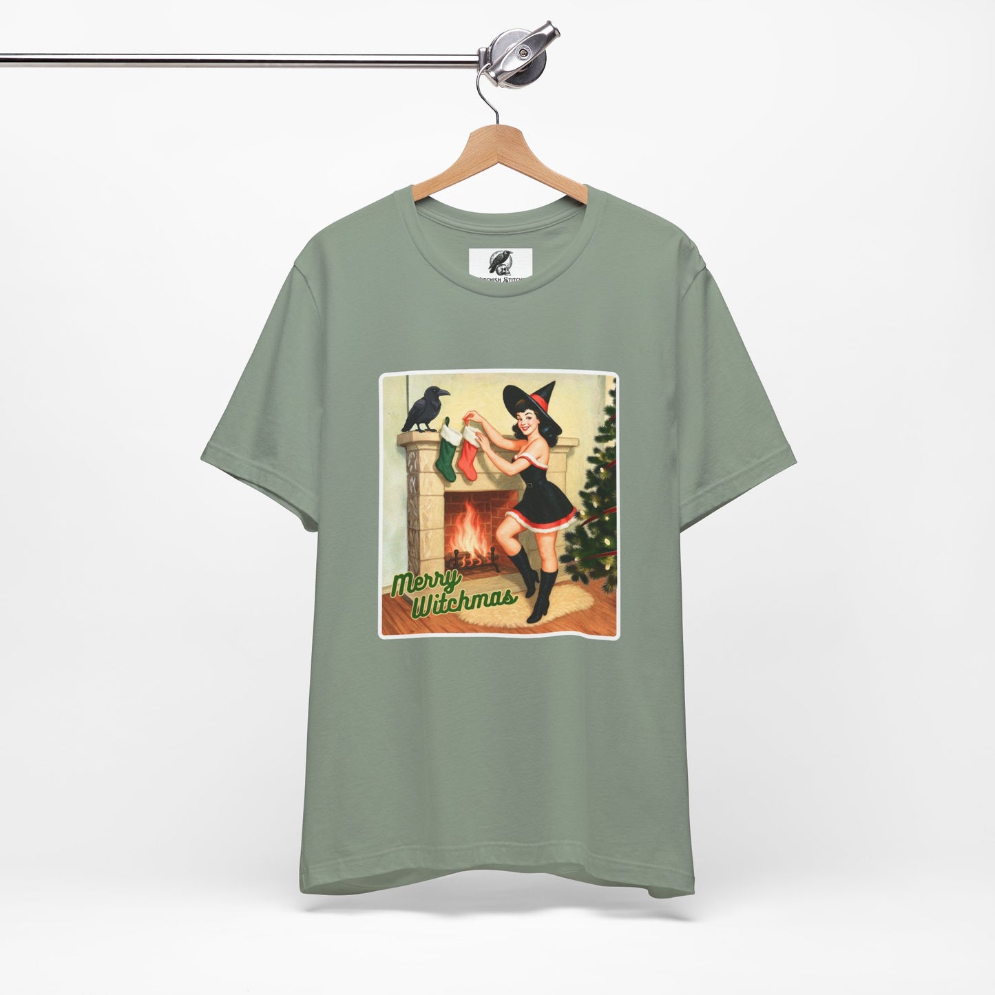 Merry Witchmas Graphic Tee, Vintage Pinup Witch Christmas Unisex Shirt