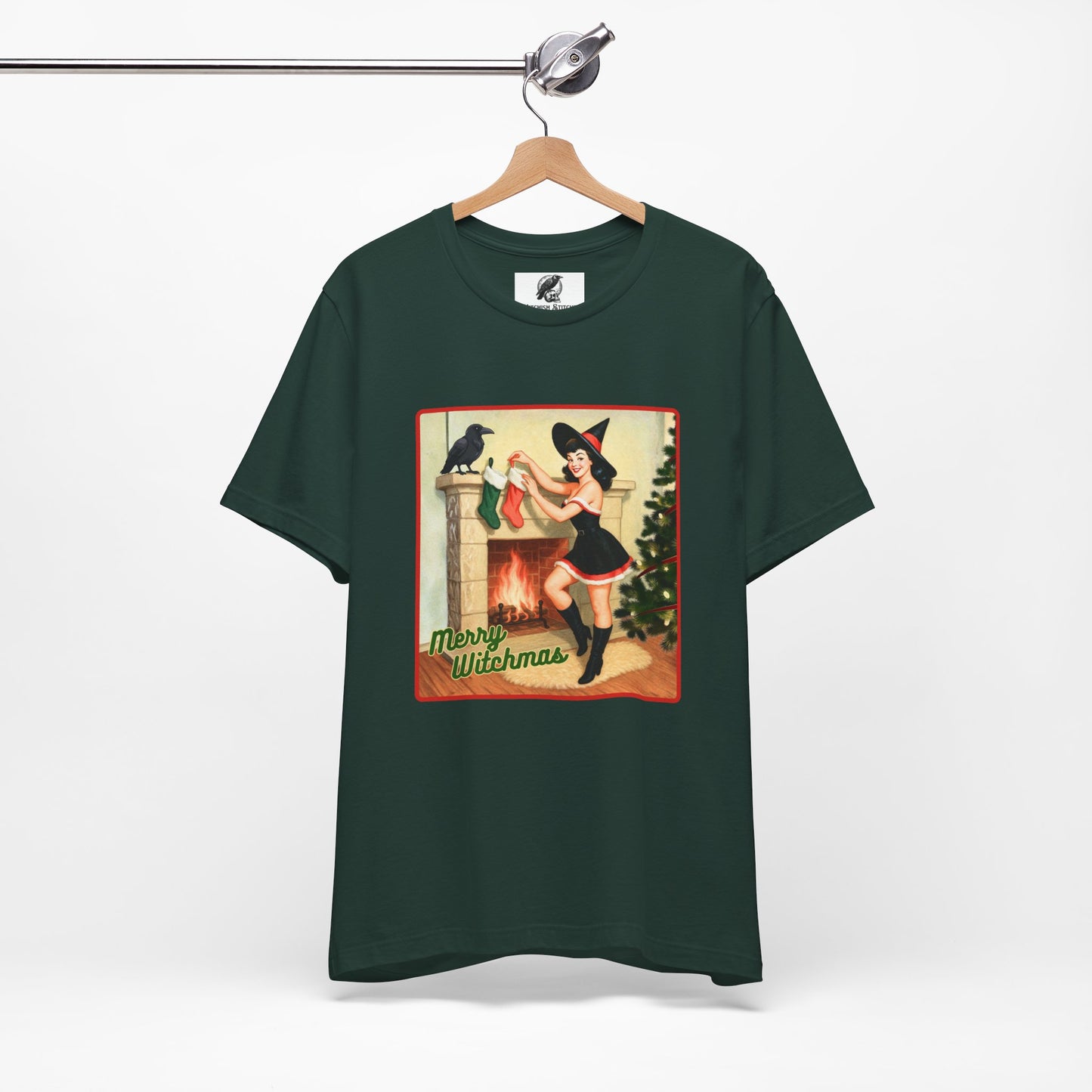 Merry Witchmas Graphic Tee, Vintage Pinup Witch Christmas Unisex Shirt