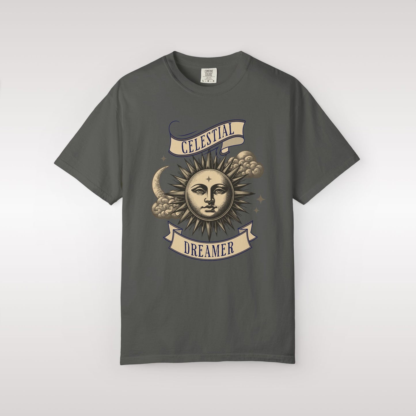 Gray t-shirt with celestial design and 'Celestial Dreamer' text on a white background