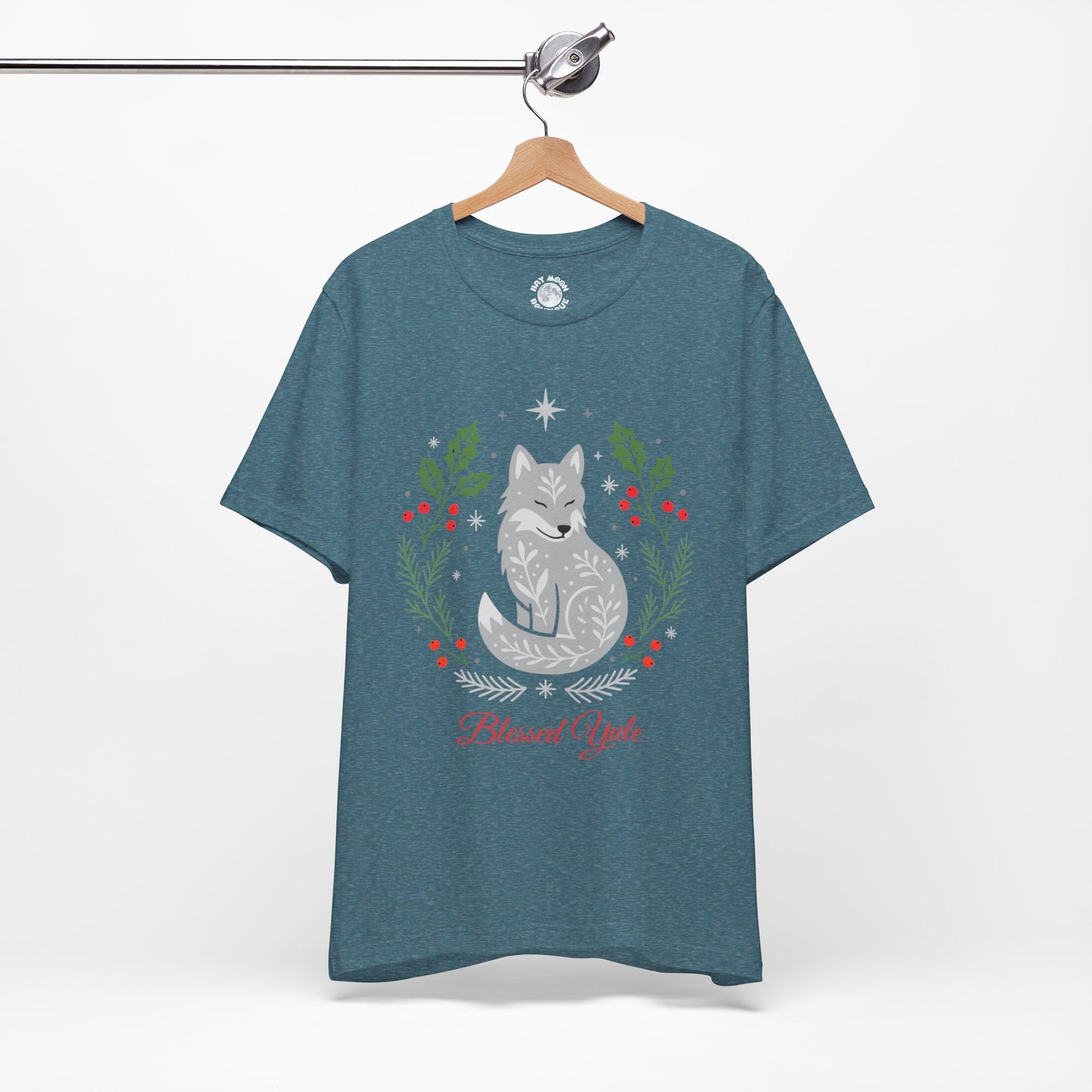 Folk Art Wolf Yule Shirt, Blessed Yule Tee, Pagan Solstice Top, Cozy Holiday Woodland Shirt