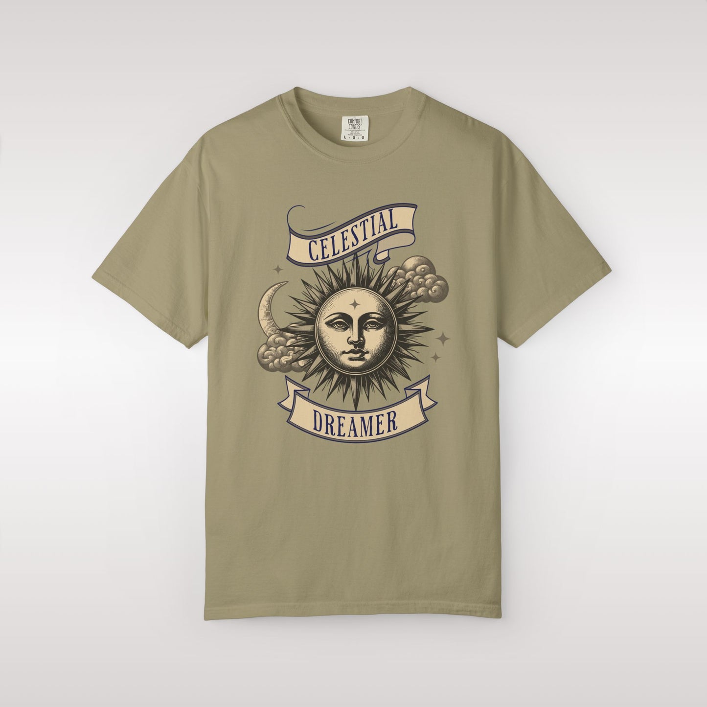 Khaki t-shirt with celestial design on a white background