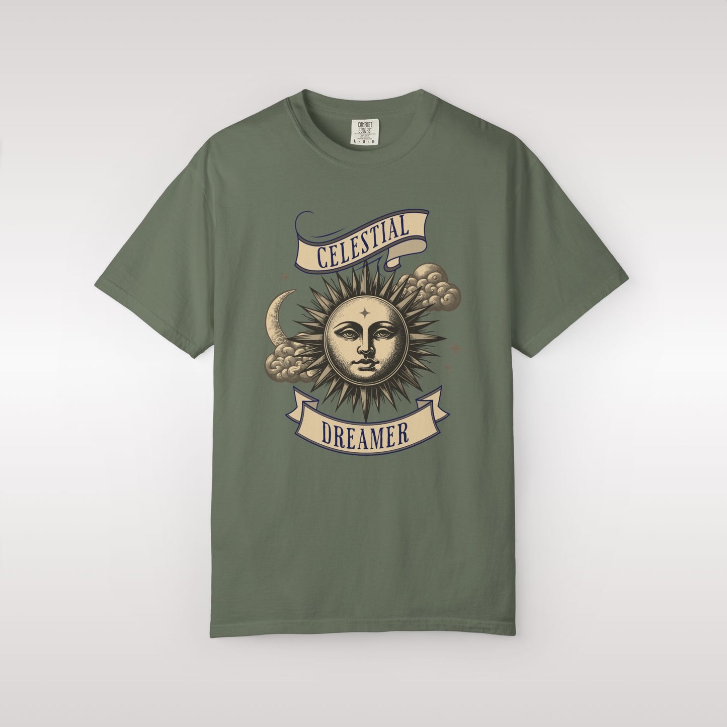 Moss Green t-shirt with celestial design on a white background