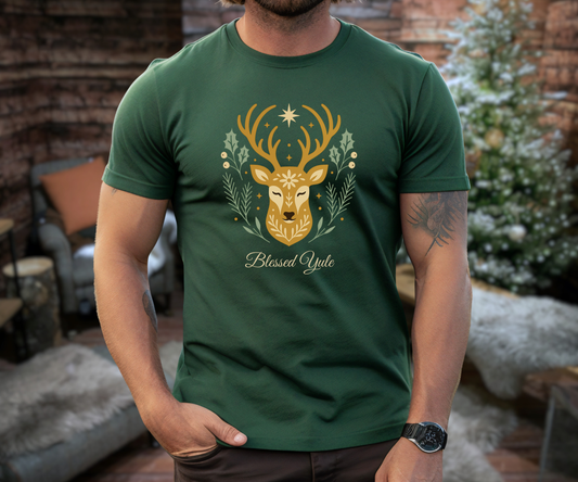 Folk Art Deer Yule Graphic Tee, Blessed Yule Unisex Shirt