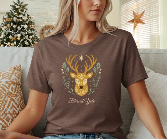 Folk Art Deer Yule Graphic Tee, Blessed Yule Unisex Shirt