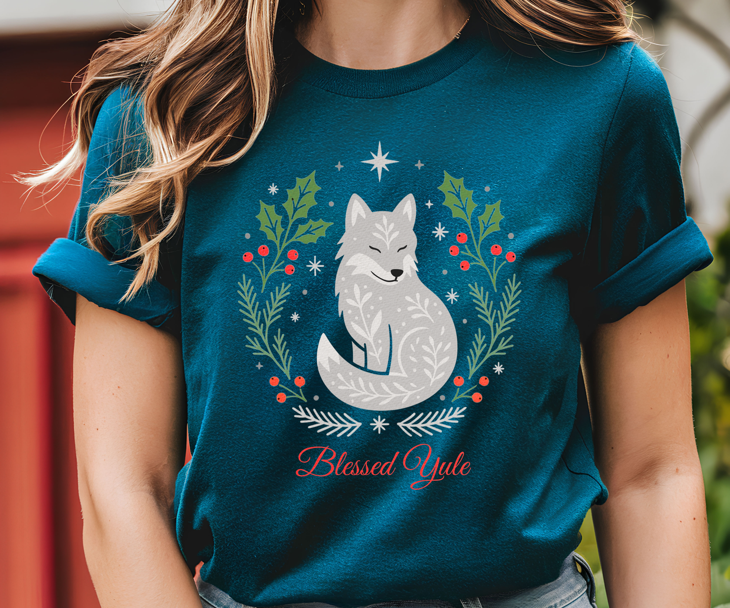 Folk Art Wolf Yule Shirt, Blessed Yule Tee, Pagan Solstice Top, Cozy Holiday Woodland Shirt