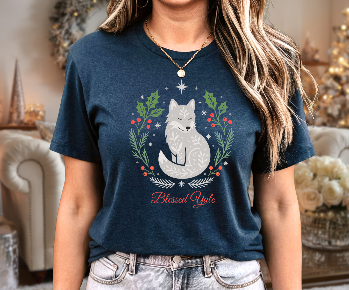 Folk Art Wolf Yule Shirt, Blessed Yule Tee, Pagan Solstice Top, Cozy Holiday Woodland Shirt