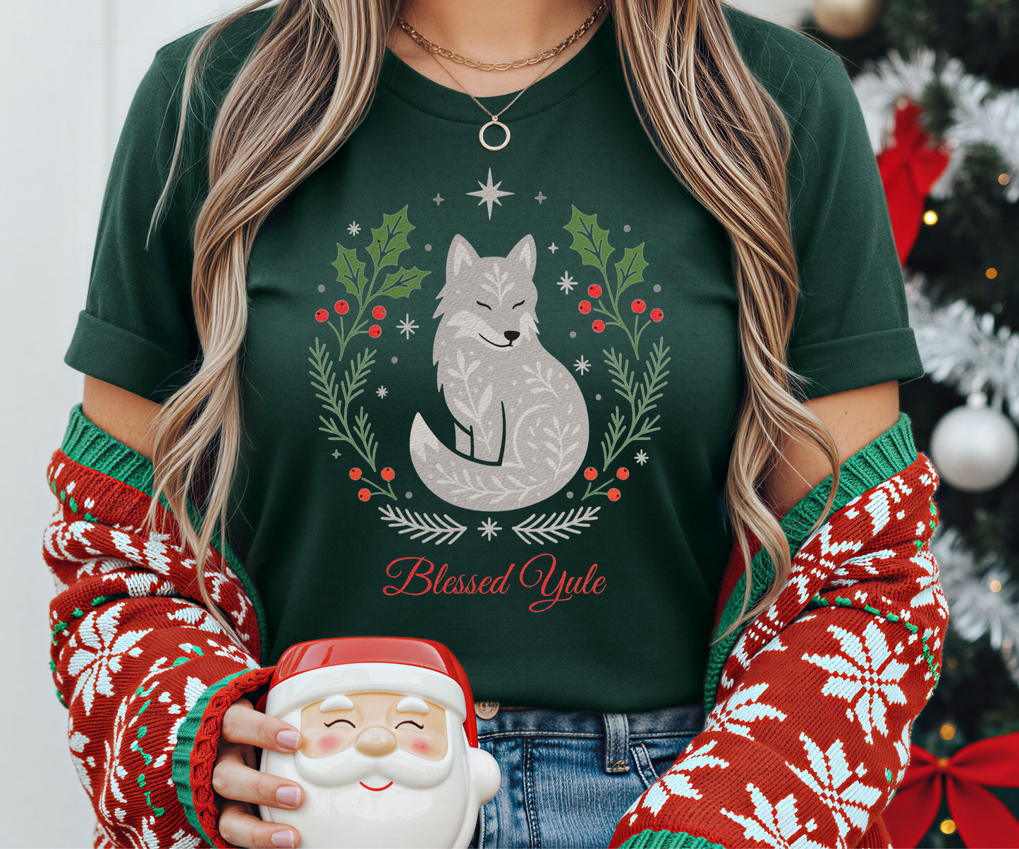 Folk Art Wolf Yule Shirt, Blessed Yule Tee, Pagan Solstice Top, Cozy Holiday Woodland Shirt