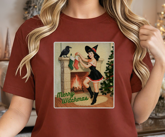 Merry Witchmas Graphic Tee, Vintage Pinup Witch Christmas Unisex Shirt