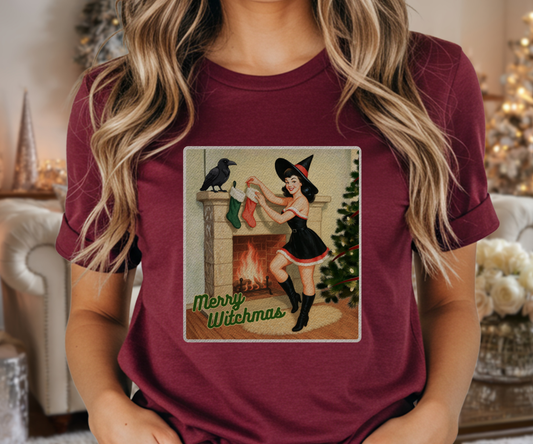 Merry Witchmas Graphic Tee, Vintage Pinup Witch Christmas Unisex Shirt