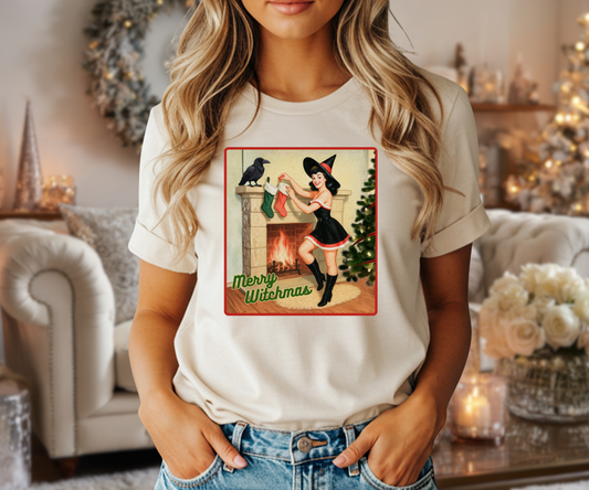 Merry Witchmas Graphic Tee, Vintage Pinup Witch Christmas Unisex Shirt