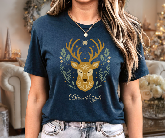 Folk Art Deer Yule Graphic Tee, Blessed Yule Unisex Shirt