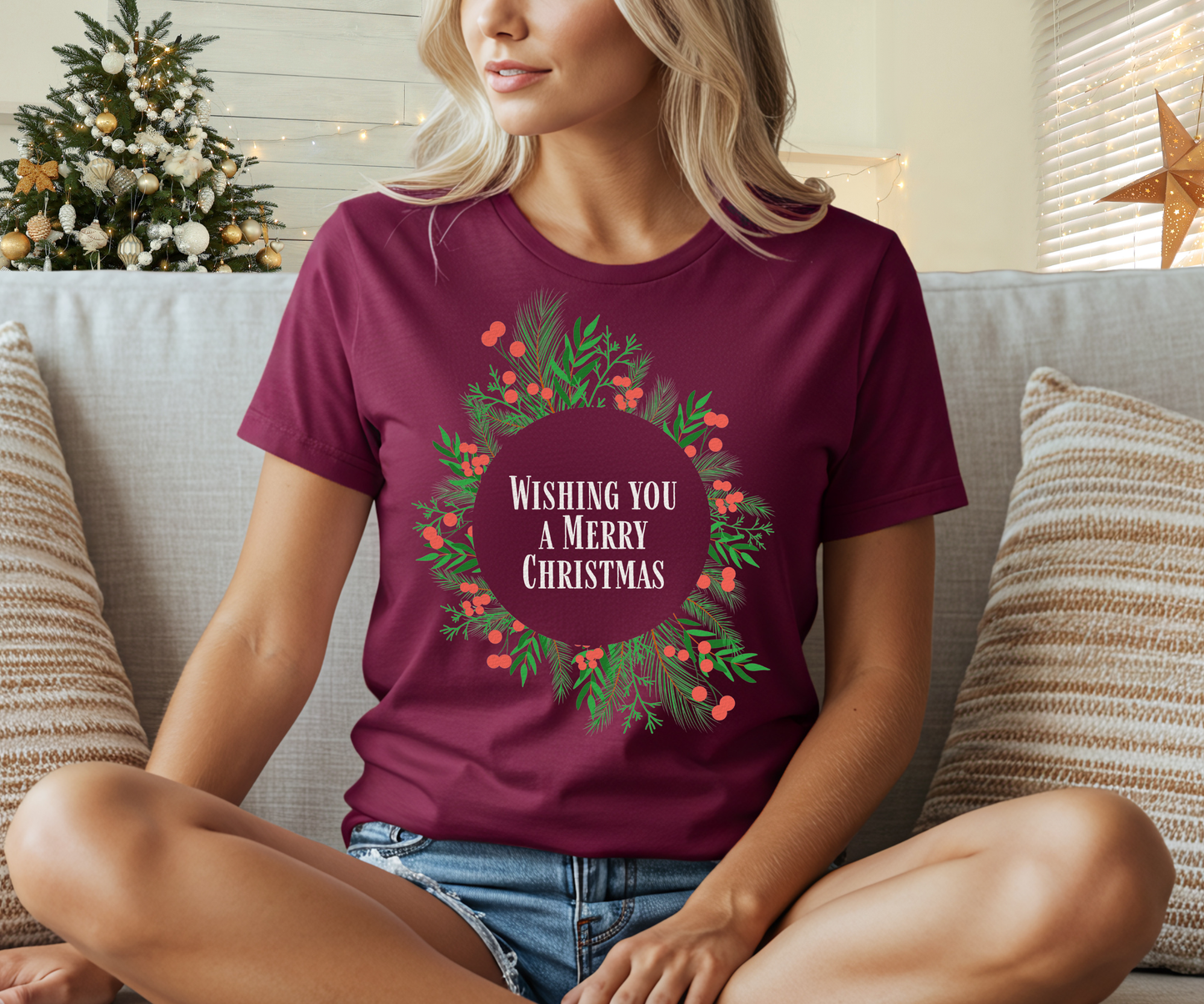 Wishing You a Merry Christmas Tee, Unisex Wreath T Shirt