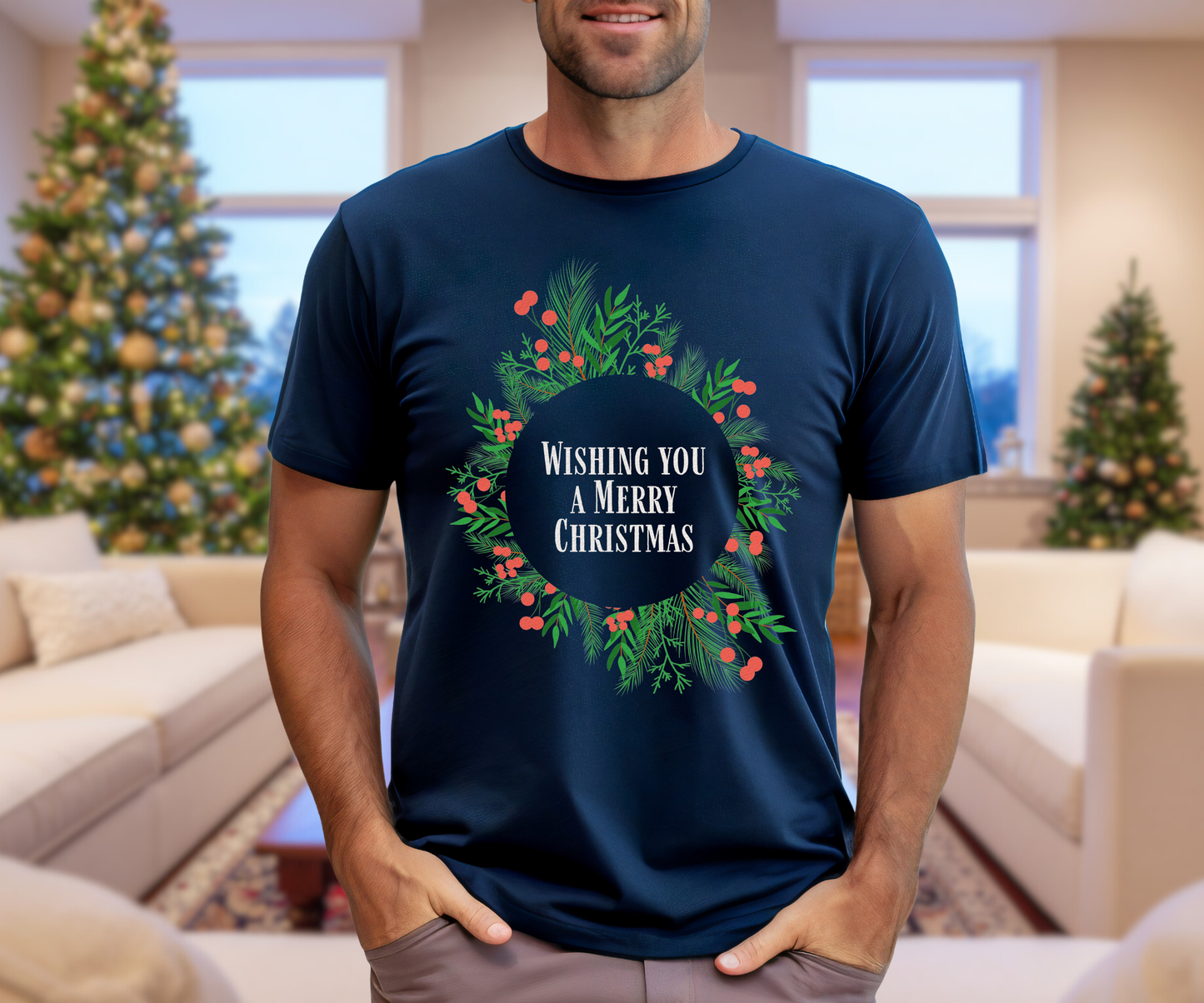 Wishing You a Merry Christmas Tee, Unisex Wreath T Shirt