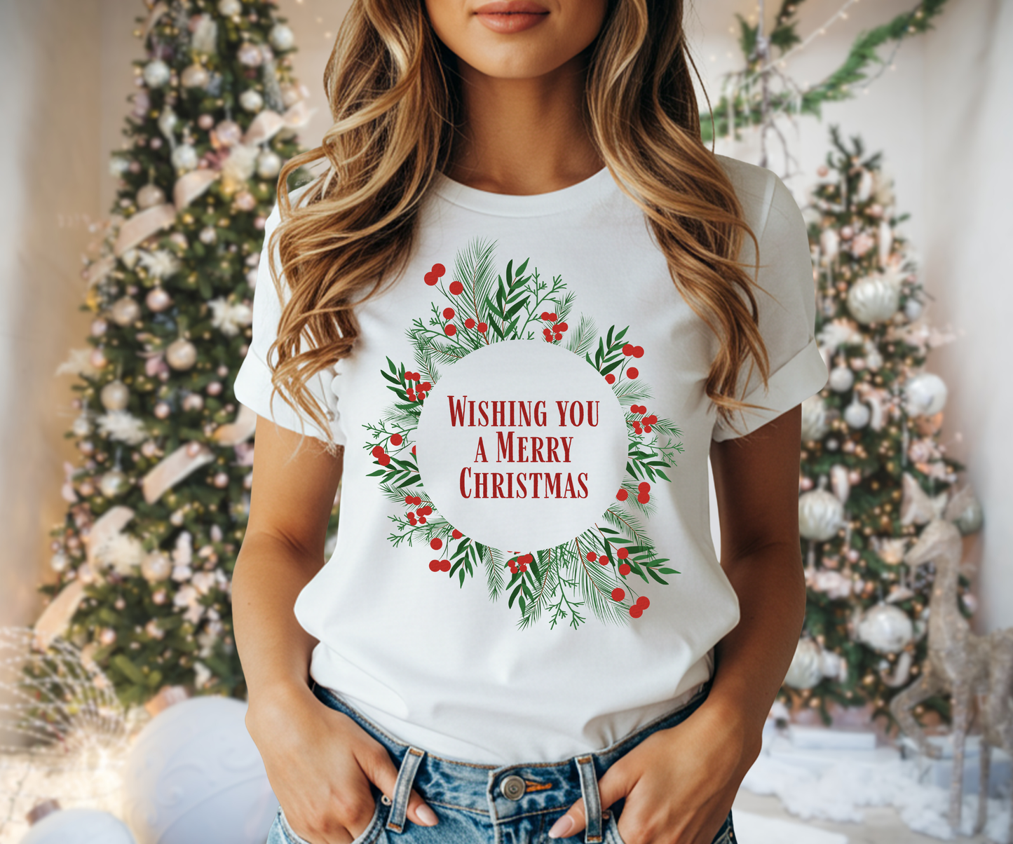 Wishing You a Merry Christmas Tee, Unisex Wreath T Shirt