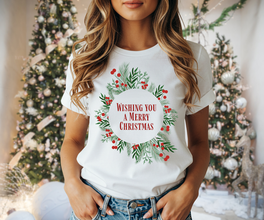Wishing You a Merry Christmas Tee, Unisex Wreath T Shirt