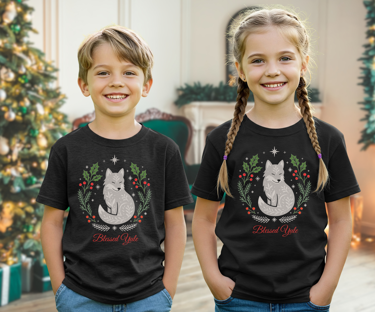 Kids Blessed Yule Wolf Tee, Christmas T Shirt