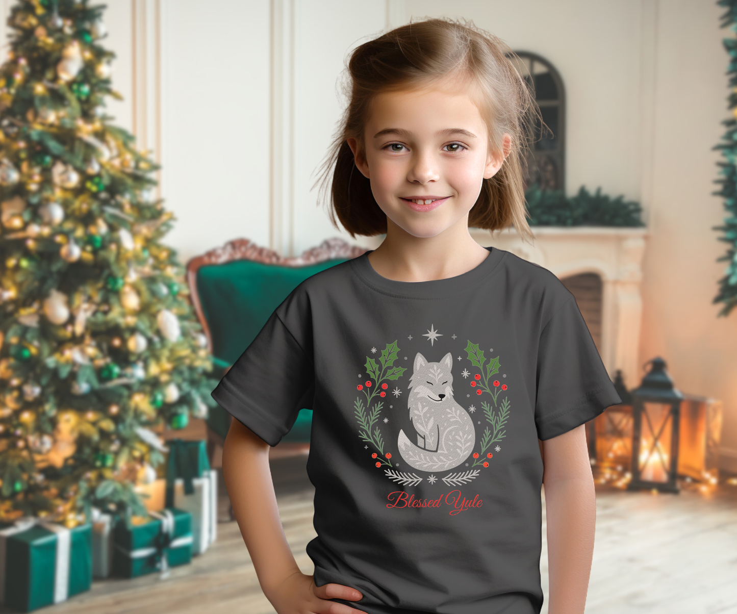 Kids Blessed Yule Wolf Tee, Christmas T Shirt