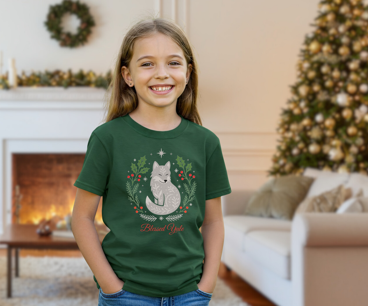 Kids Blessed Yule Wolf Tee, Christmas T Shirt