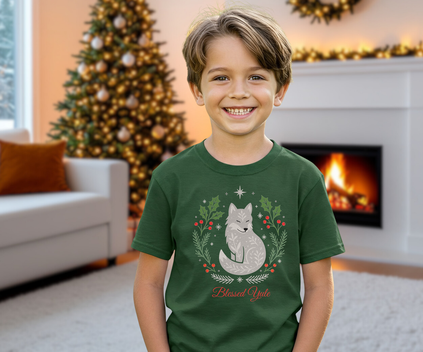 Kids Blessed Yule Wolf Tee, Christmas T Shirt