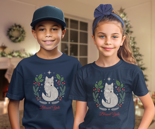 Kids Blessed Yule Wolf Tee, Christmas T Shirt