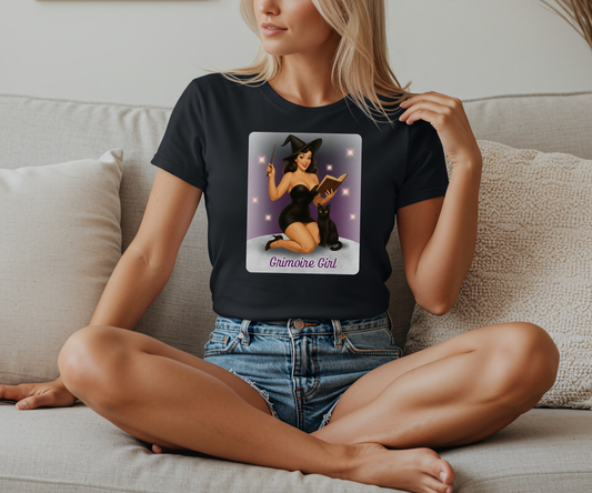 Grimoire Girl Pinup Witch Tee, Unisex Graphic T Shirt