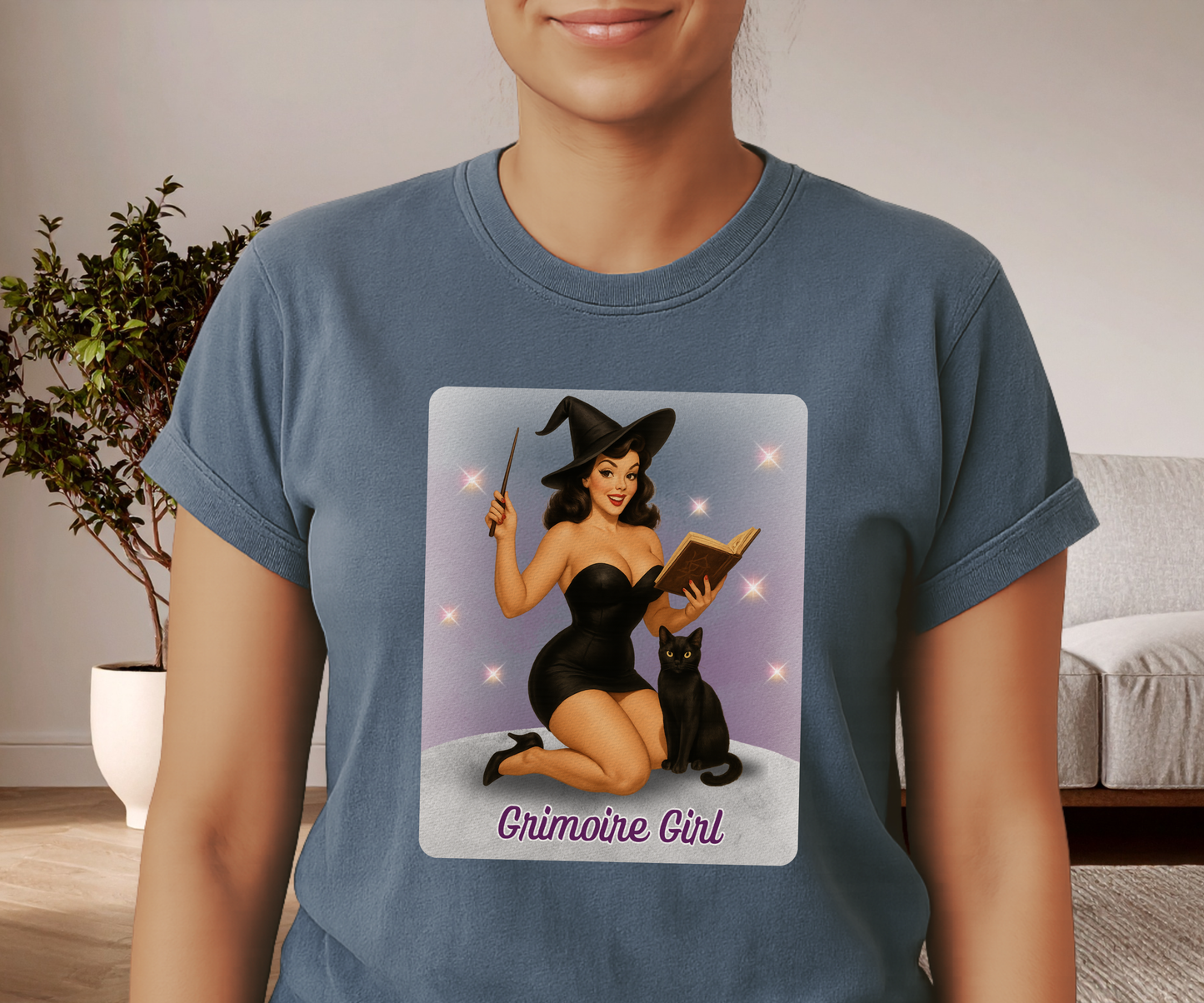 Grimoire Girl Pinup Witch Tee, Unisex Graphic T Shirt