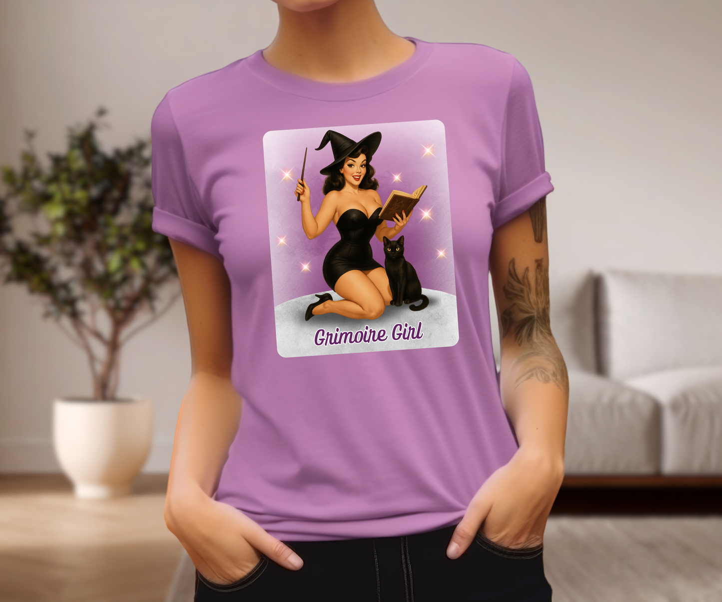 Grimoire Girl Pinup Witch Tee, Unisex Graphic T Shirt