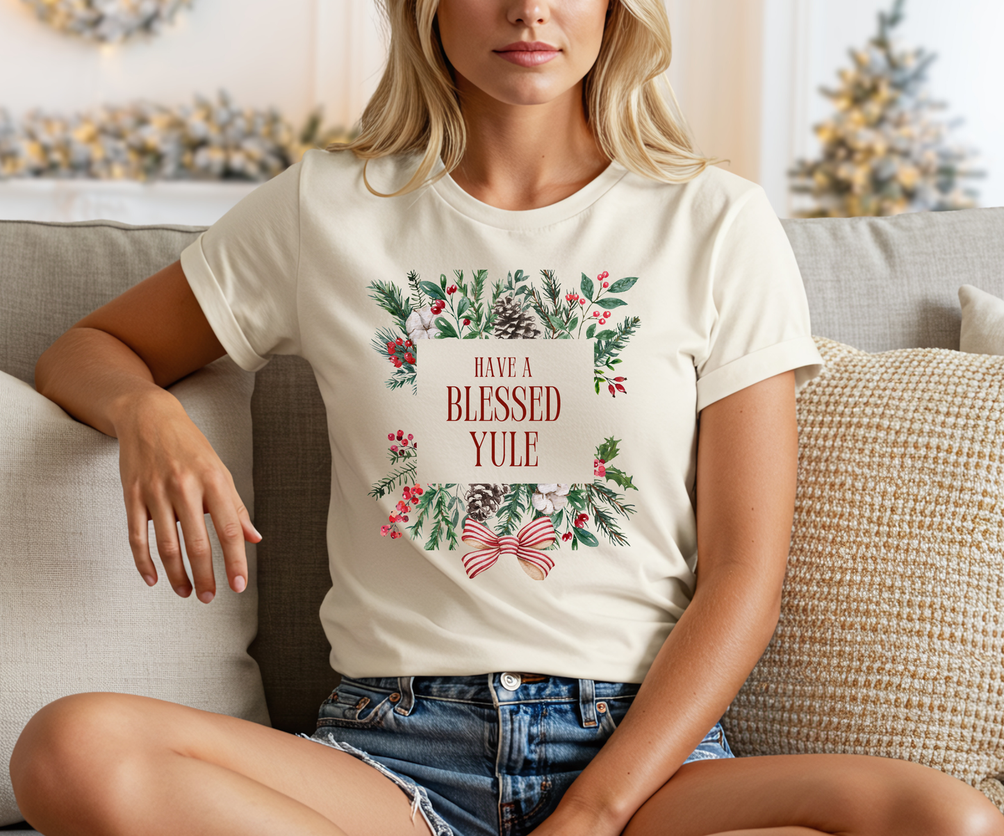 Have a Blessed Yule Tee, Unisex Christmas Holly T Shirt