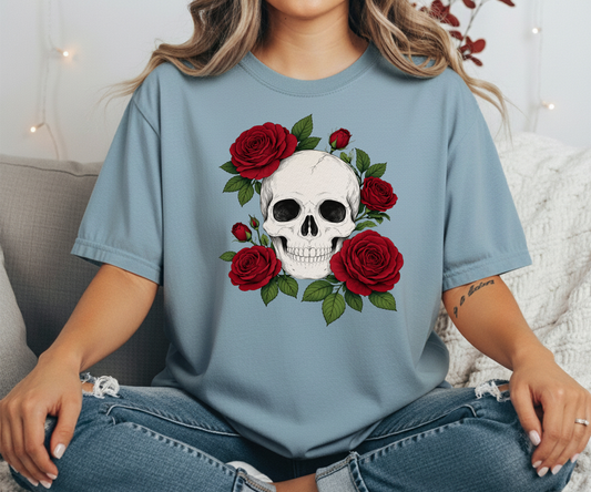 Skull and Roses Graphic Tee, Gothic Tattoo Unisex Skeleton T-Shirt